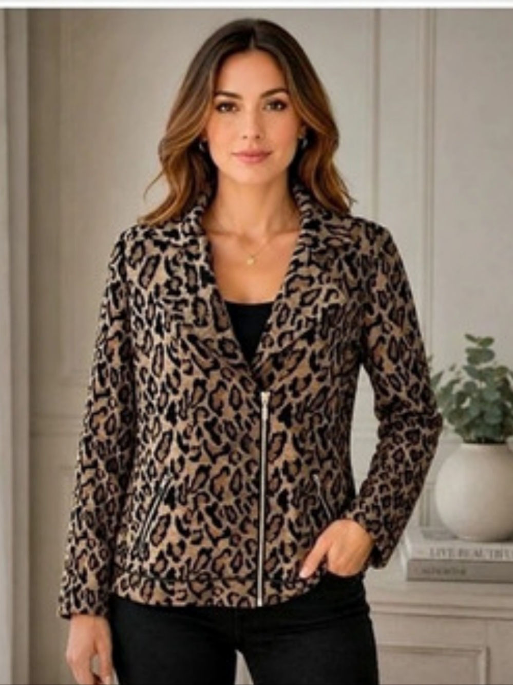 Chico's Animal Print Tapestry Jacquard Faux Leather Trim Moto Jacket